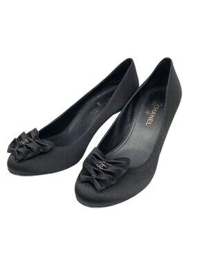 Chanel 13P Satin Ribbon Pumps Black C Shoes Vintage 35.5